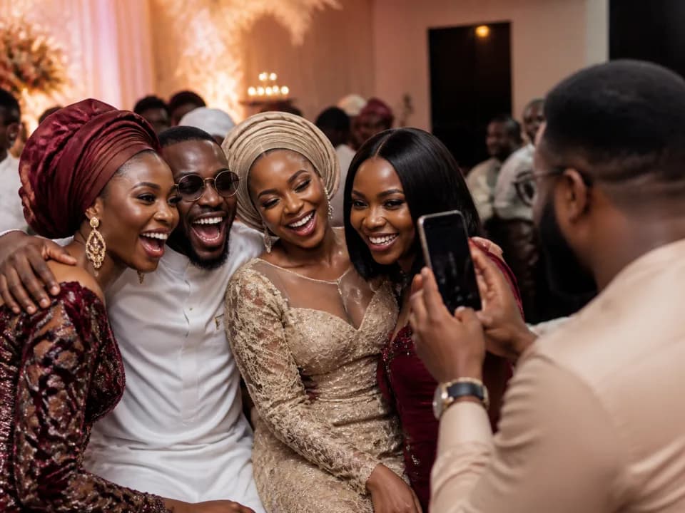 Friends capturing a joyful photo at a Nigerian wedding reception