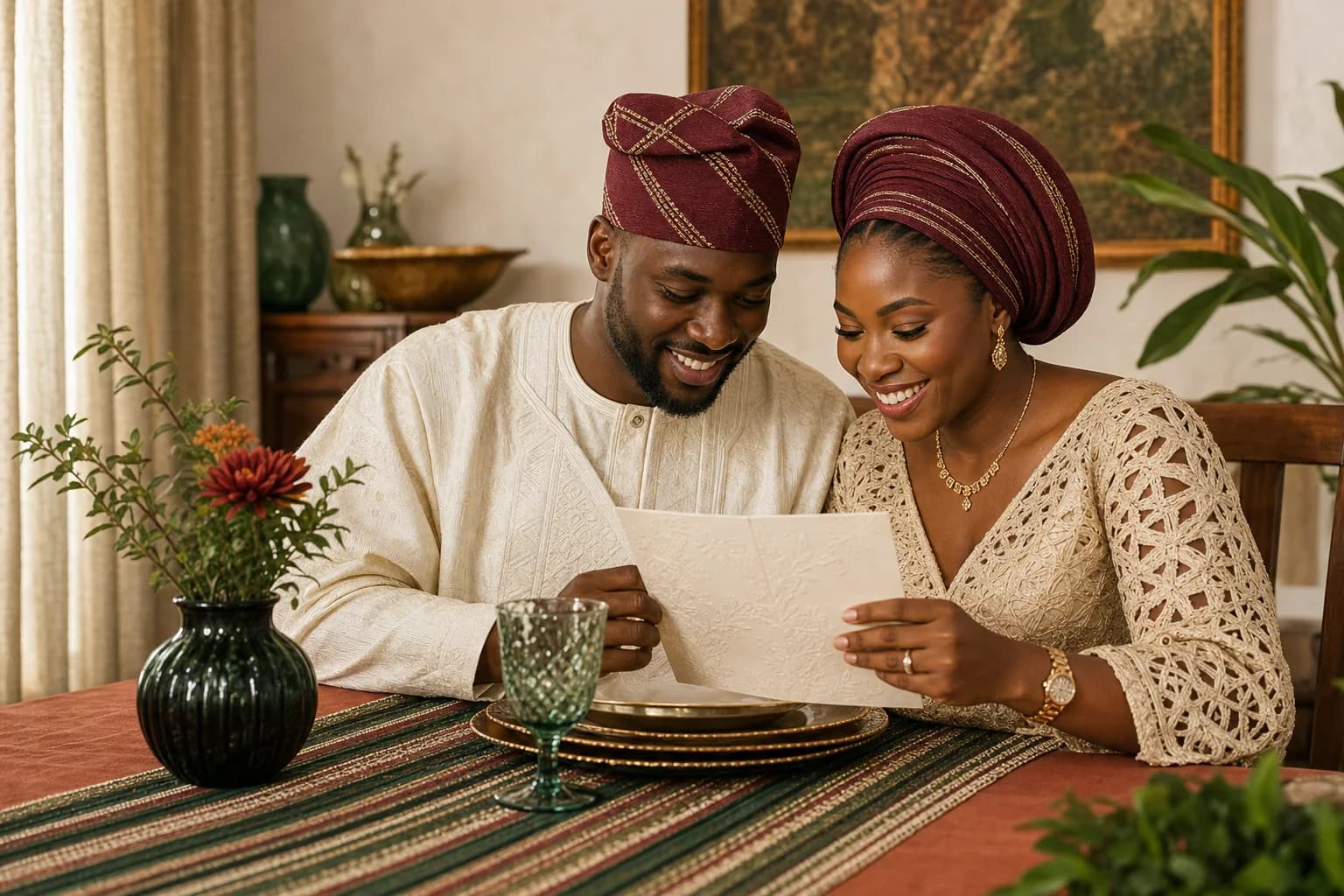 Nigerian couple reviewing their embossed wedding invitation together