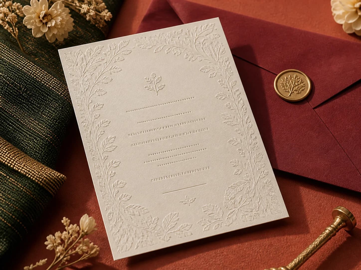 Embossed ivory wedding invitation with burgundy envelope and aso oke textile