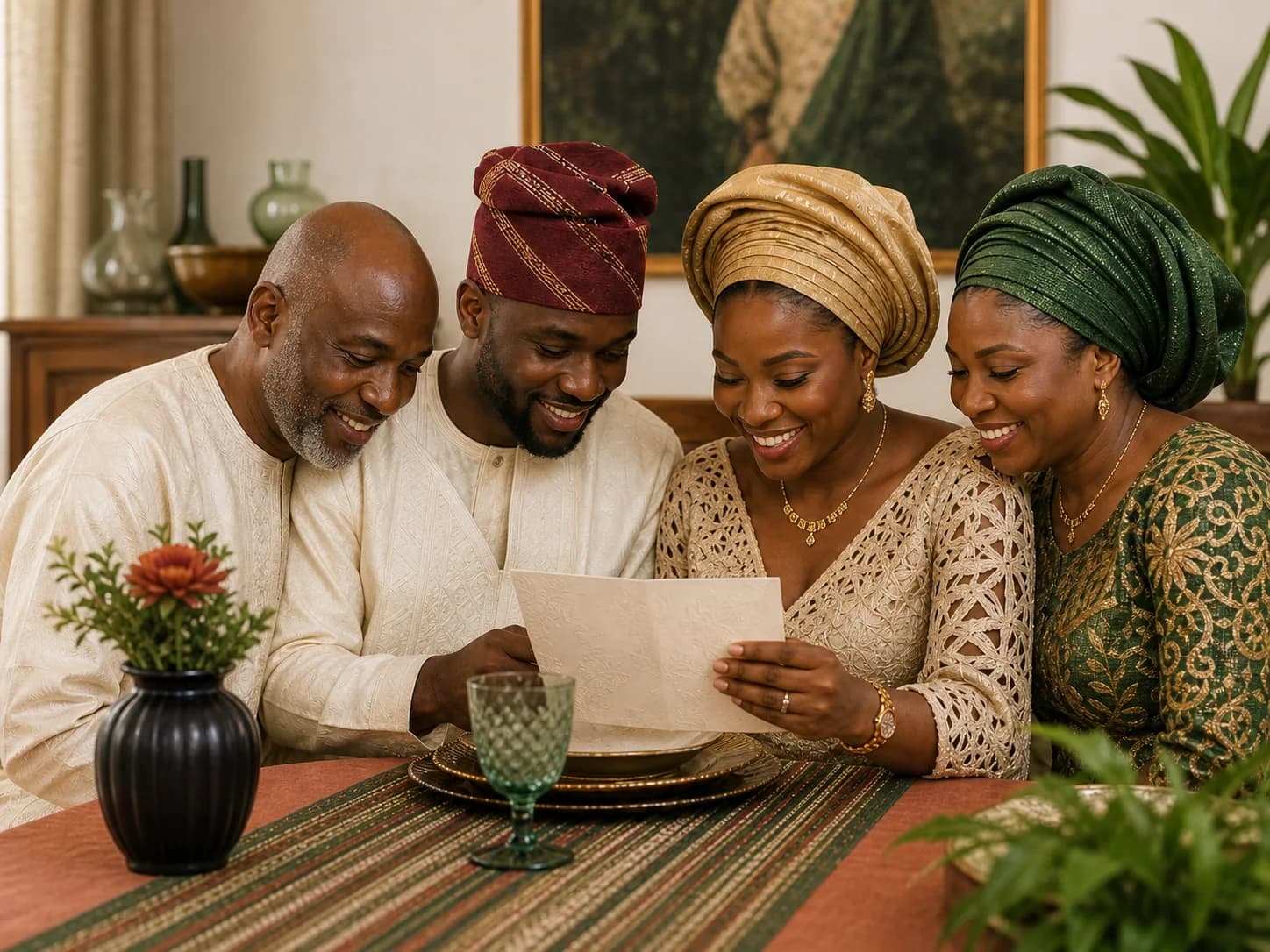 Nigerian couple sharing their wedding invitation with family