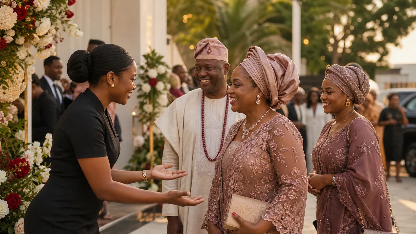 Wedding usher welcoming guests at a Nigerian celebration