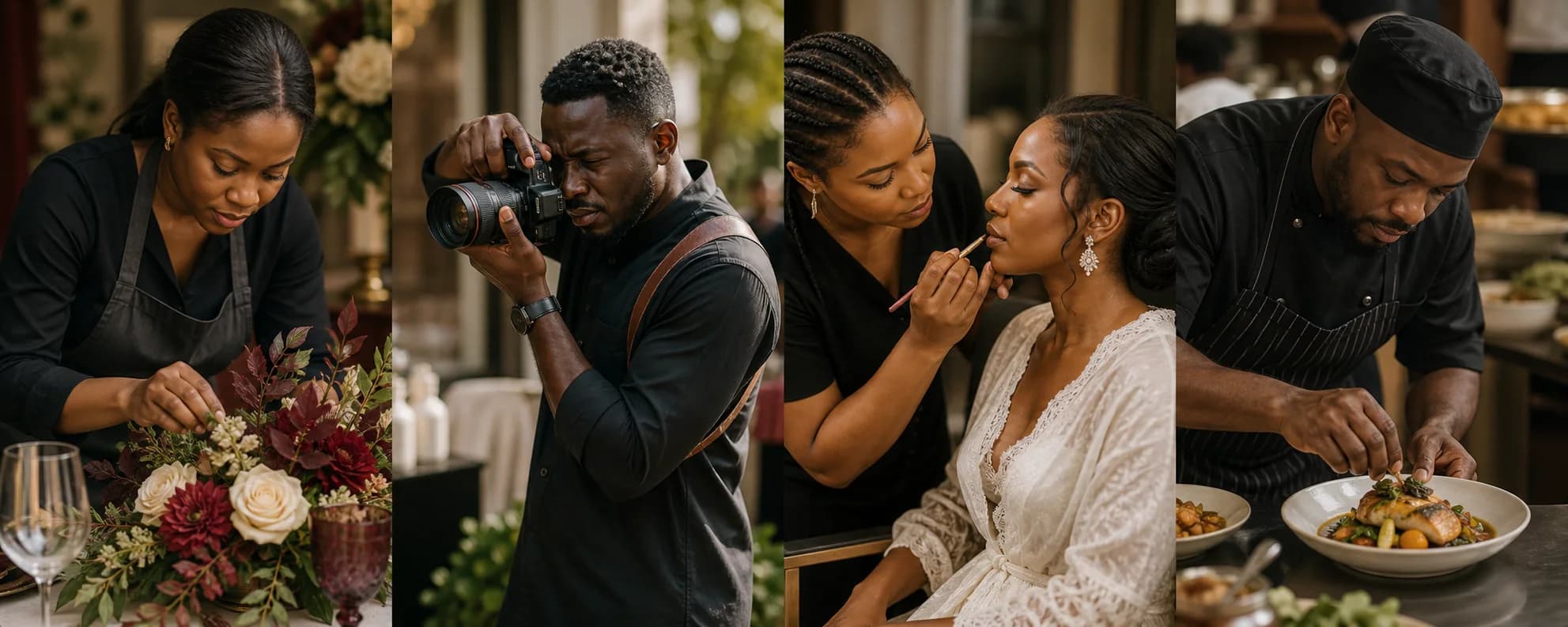 Nigerian wedding professionals preparing different parts of a celebration